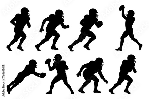 A series of silhouettes of football players in action. The players are in various positions, with some running. Vector. Silhouette illustration.