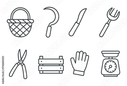 Gardening tools collection: basket, sickle, knife, fork, shears, crate, glove, scale