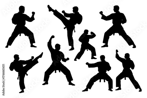 A series of silhouettes of people in karate stances. Scene is energetic and dynamic. Vector. Silhouette illustration.
