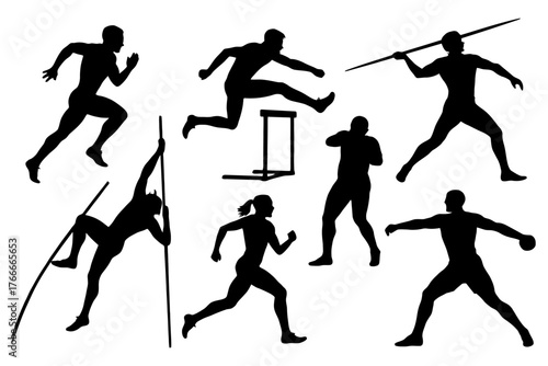 A series of silhouettes of athletes in various sports. Scene is energetic and dynamic, showcasing the athleticism. Vector. Silhouette illustration.