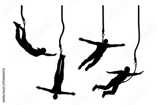 A series of silhouettes of people doing acrobatics. Scene is energetic and adventurous. Vector. Silhouette illustration.