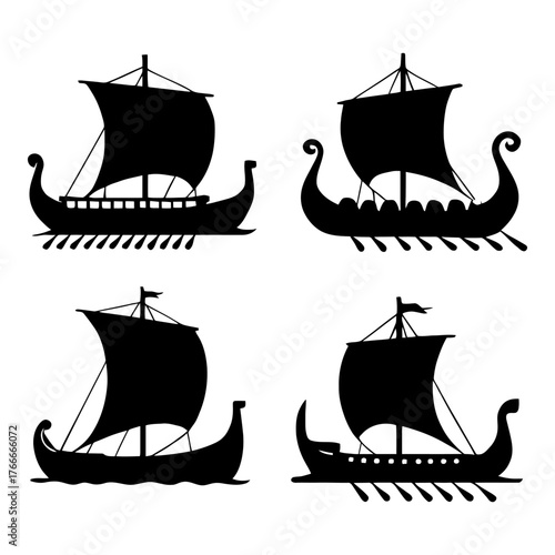 Four black and white drawings of Viking ships. The ships are all different sizes and have different designs. Vector. Silhouette illustration.