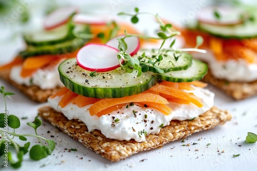 Delicious cracker appetizers with cream cheese carrot cucumber and radish slices