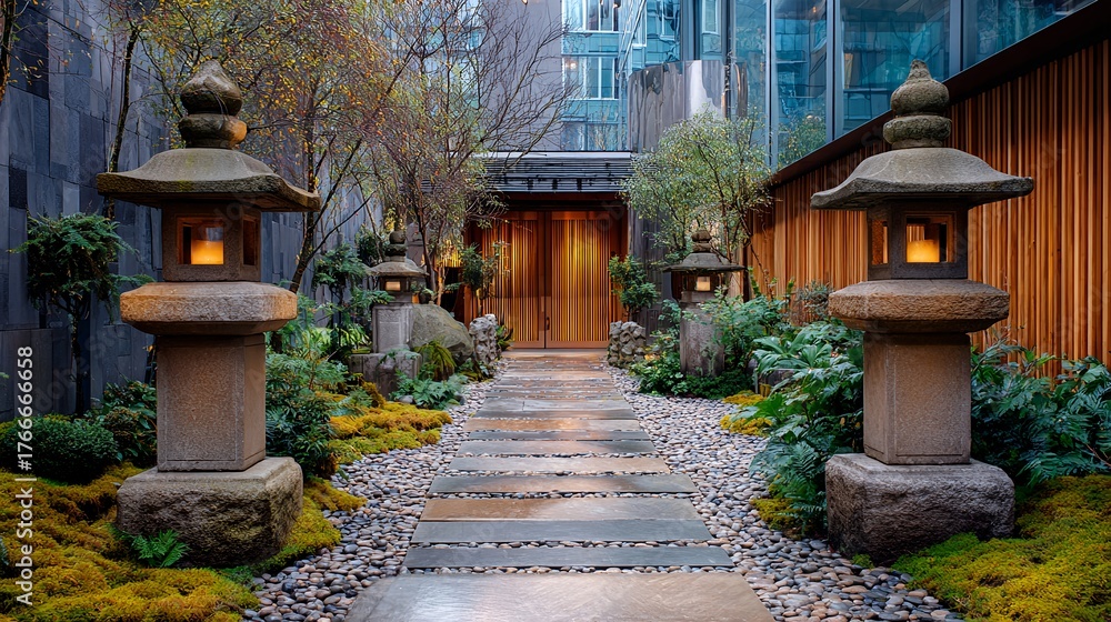 Obraz premium Japanese stone lanterns and pebble path leading to wooden gate, tranquil Zen courtyard garden blending traditional design with modern architecture, peaceful atmosphere and natural balance.