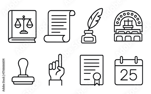 Legal icons set featuring scales, scroll, quill, court, stamp, hand, certificate, calendar