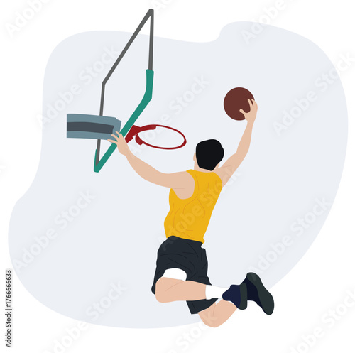 men playing basketball. an athlete slam dunking a basketball.