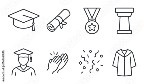 Graduation celebration icons: cap, diploma, medal, and podium illustrations
