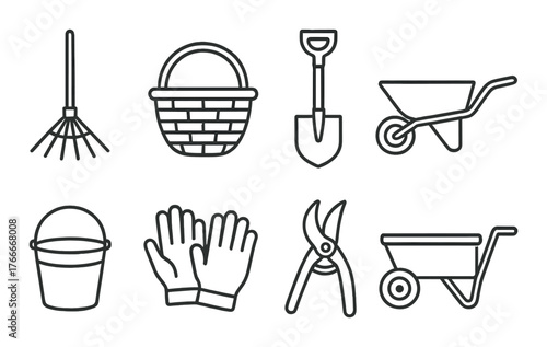 Collection of garden tools icons including rake, basket, shovel, and wheelbarrow