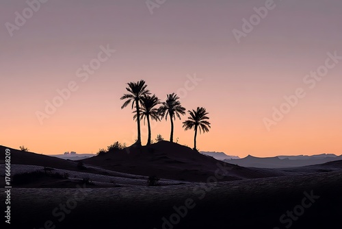 Rolling sand dunes with silhouetted palms at sunset, capturing the peaceful twilight atmosphere of the desert.