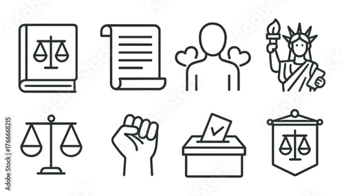 Legal icons set: scales, document, person, statue, fist, ballot box