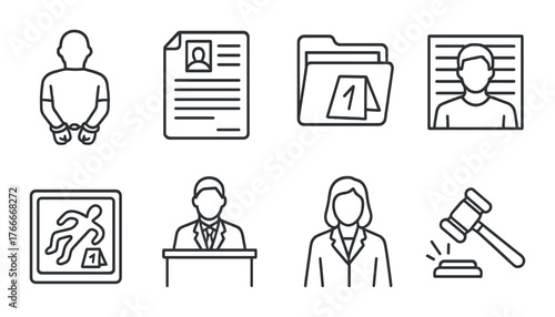Monochrome legal icons: arrest, documentation, court, crime scene, witness, lawyer, judge gavel