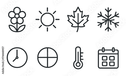 Seasonal icons: flower, sun, maple leaf, snowflake, clock, temperature, calendar