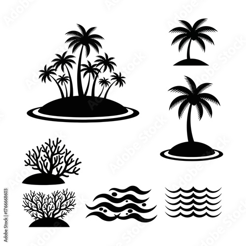 A collection of black and white vector graphics depicting tropical islands, palm trees, coral, and ocean waves.