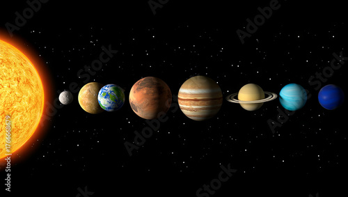 The visual displays the sun at one end with eight planets lined up in order. Each planet has distinct colors and features