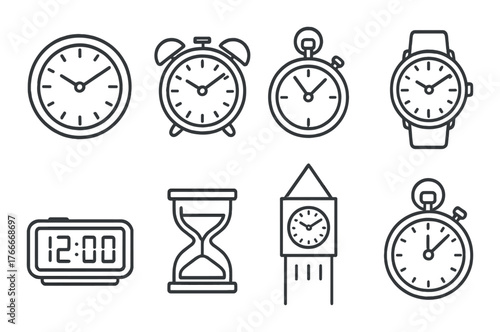Various clock and timer icons on a metallic background