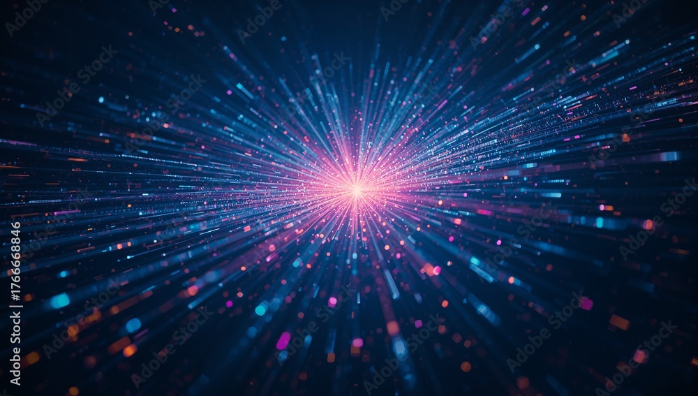 Fototapeta premium Emanating central light source sending colored streaks through dark space, with glowing particles