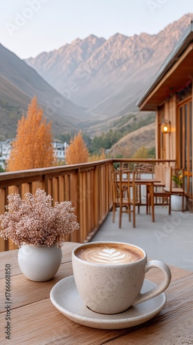Cozy Morning Coffee Cup With Latte Art On A Wooden Table With Mountain Valley View And Autumn Trees In Soft Sunlight