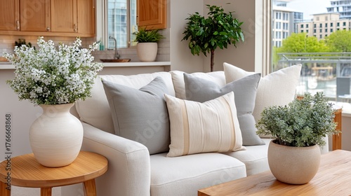 Cozy Neutral Living Room With Plush Sofa Natural Wood Accents and Lush Green Plants Bathed In Soft Natural Light