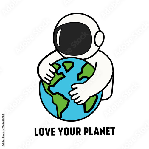 The logo is of an astranaut hugging planet earth. love YOUR PLANET is a theme about the environment.