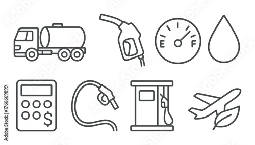 Fuel and transportation icons: truck, pump, gauge, drop, calculator, nozzle, gas station, plane