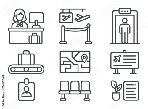 Airport icons: check-in, security, baggage claim, map, departure board