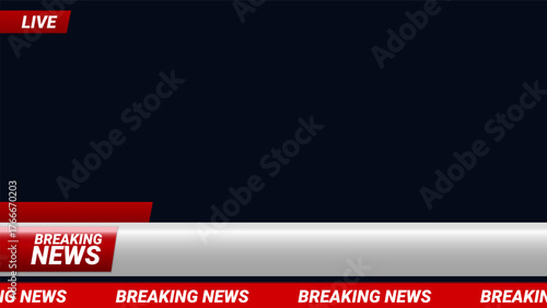 Breaking news live lower third banner for TV, media, or streaming broadcast. Red and silver bar design for professional news graphics and live video overlays. Vector template.
