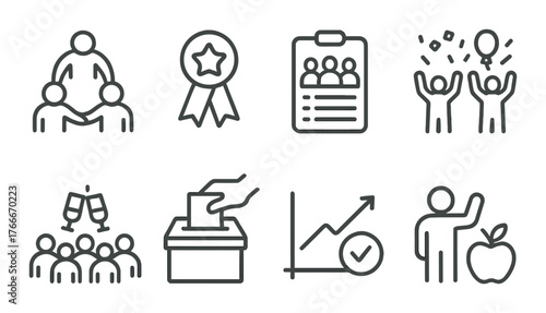 Icons of celebration, community, and achievement in gold hue