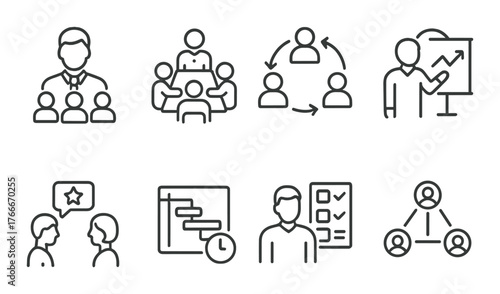 Business management icons on dark background