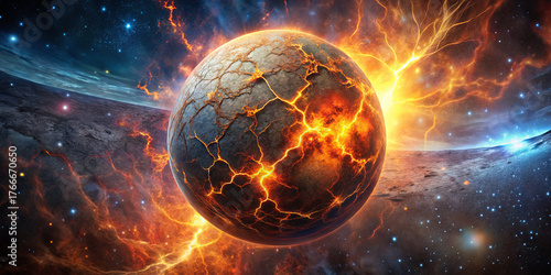 An explosive scene shows a planet with a fiery, cracked surface surrounded by cosmic elements. Bright flames erupt from the planet, contrasting with the dark space backdrop