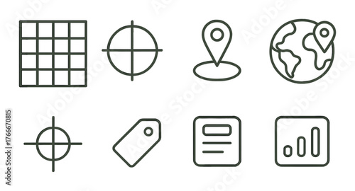 Set of eight minimalistic line icons on olive background