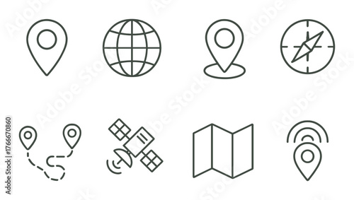 Navigation icons set featuring gps, map, compass, and satellite themes
