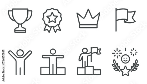 Outline icons of awards and achievements on black gradient background