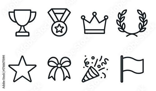 Set of eight black gradient award icons: trophy, medal, crown, laurel, star, ribbon, party popper, flag