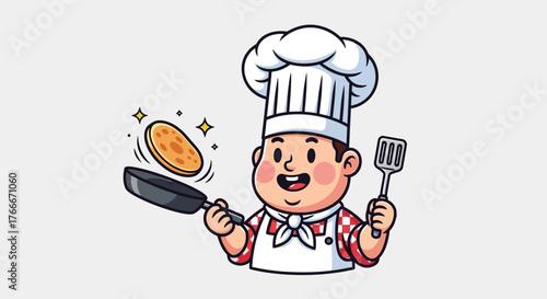 Cheerful cartoon chef flipping a pancake in a pan while holding a spatula, symbolizing culinary expertise and the joy of cooking.