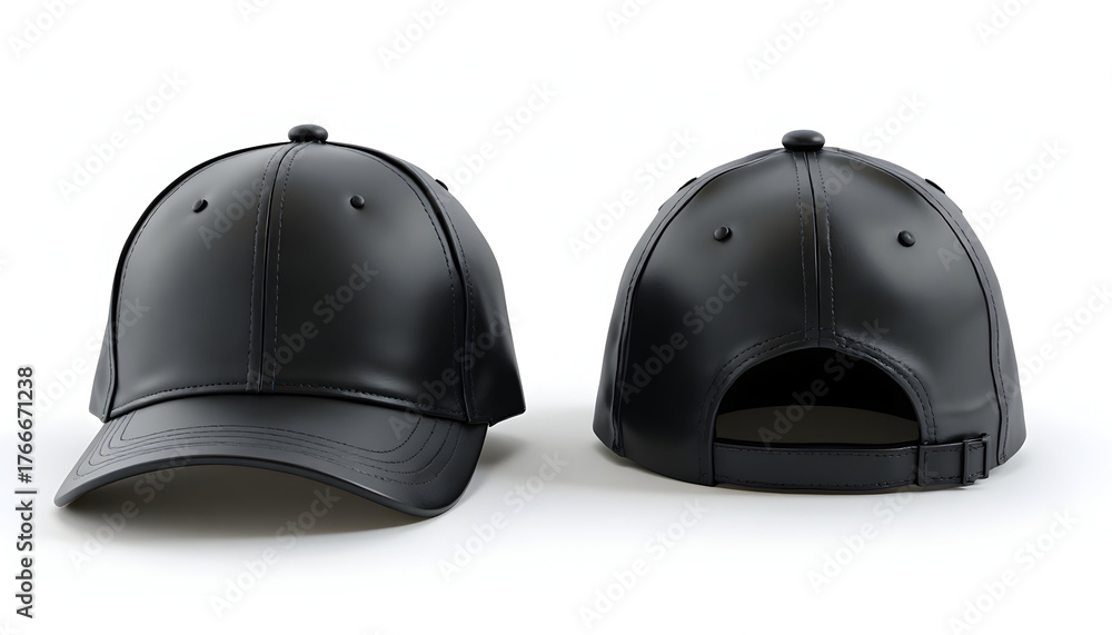 Fototapeta premium Black Leather Baseball Cap Front and Back View Modern Stylish Accessory
