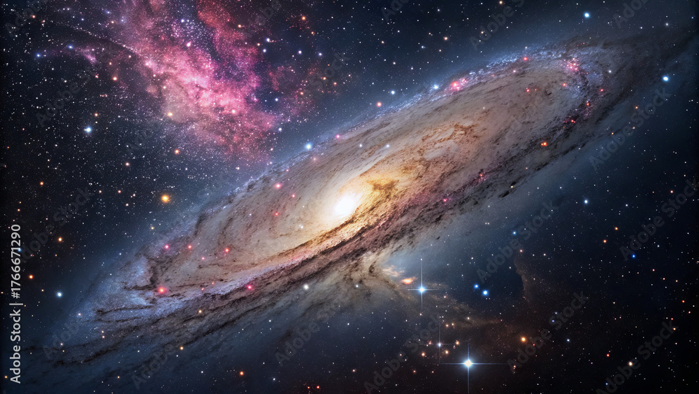 Obraz premium An impressive spiral galaxy showcases bright colors and intricate patterns against the dark backdrop of space. This scene reveals the beauty of distant stars and celestial formations
