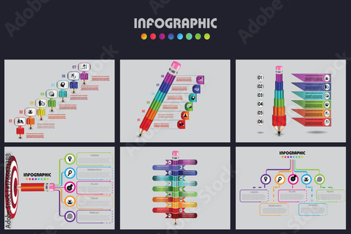 Modern colorful  infographic collection with creative charts, timelines, and step-by-step process designs for data visualization, reports, and presentations.