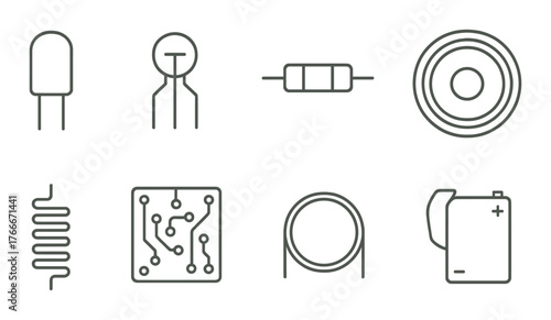 Illustration of electronic components: resistor, capacitor, inductor, circuit on green background