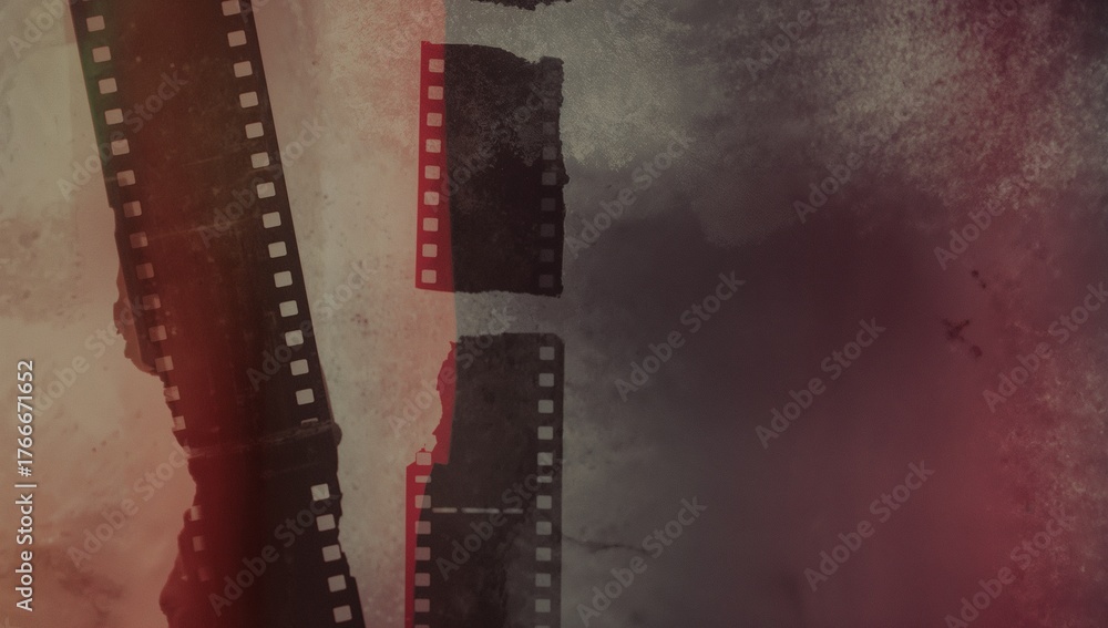 Obraz premium Featuring film strips on panel with sprocket holes, torn emulsion edges, scratches, dust particles