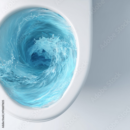 top-down view of a white toilet bowl with bright blue water swirling in a strong vortex, capturing the motion and cleanliness of a modern flushing system