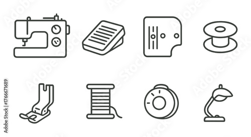 Sewing machine icons with threads and accessories on gradient background