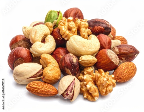 Pile of Mixed Nuts on White Backdrop Almonds Cashews Walnuts and Hazelnuts Arrangement with Textured Shells and Brown Hues in Bright Studio Lighting