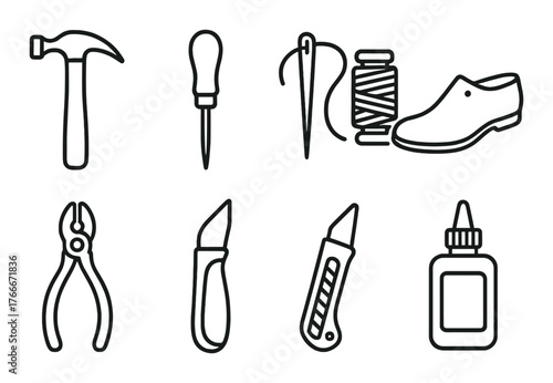 Silhouette icons of hand tools for leatherworking and shoemaking