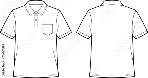 Polo shirt technical sketch, front and back view, short sleeves, collar, button placket, chest pocket, garment illustration, clothing design drawing