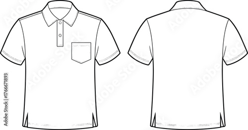 Polo shirt technical sketch, front and back view, short sleeves, collar, button placket, chest pocket, side slits, garment illustration