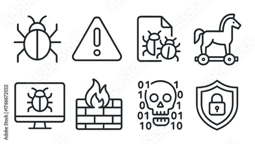 Cyber security icons featuring malware alert symbols and digital safety indicators