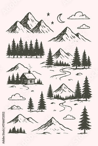 Hand-Drawn Winter Mountains and Forest Vector Set | Minimal Line Art Nature Illustrations