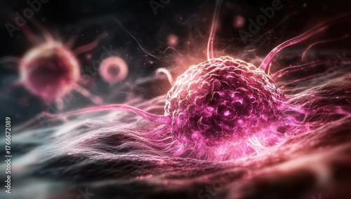 A vibrant depiction of cancer cells, showcasing their intricate structure and movement in a dark, abstract environment.