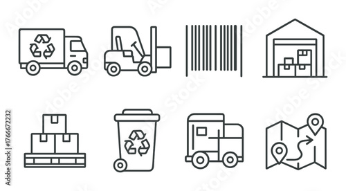 Logistics and recycling icons: forklift, warehouse, barcode, delivery, sustainability
