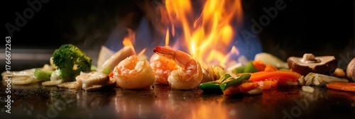 Panel kuchenny z motywem Hibachi Cooking: Japanese Teppanyaki Grill with Fire and Volcano Flames